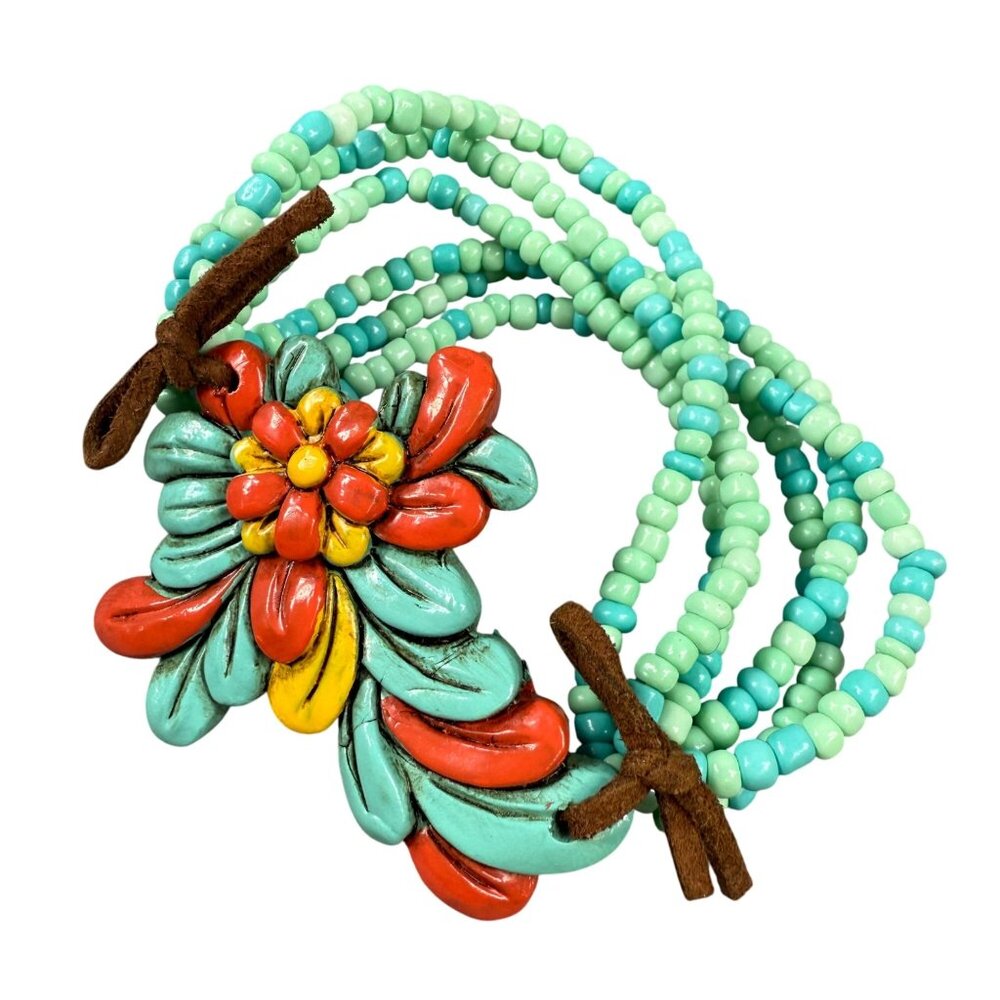 Multicolor Floral Beaded Stretch Bracelet With Leather Tie Accents Women Jewelry